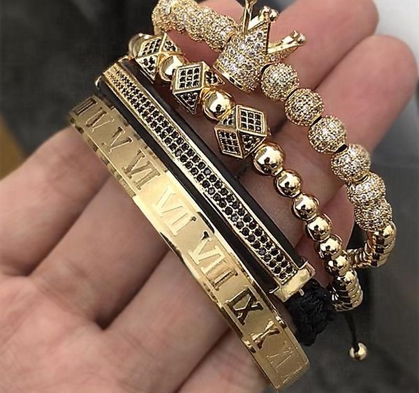 

4pcs/set classical handmade braiding bracelet gold hip hop men pave cz zircon crown roman numeral bracelet luxury jewelry j190703, Golden;silver