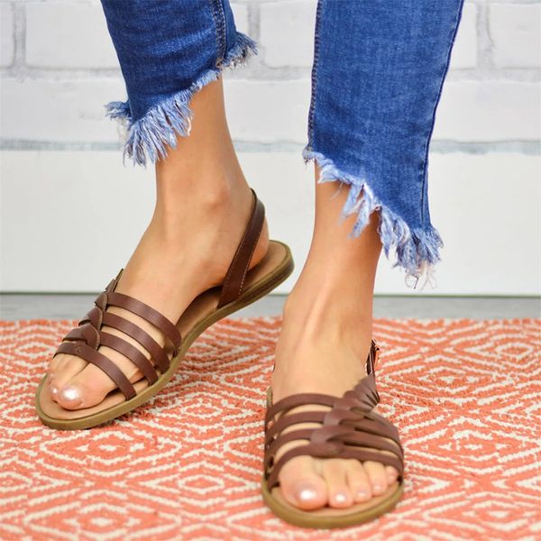 

summer woman women rome sandals buckle strap weave solid shoes women's open toe female flats ladies casual footwear plus size, Black