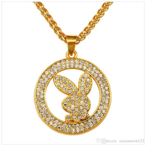 

new arrival hip hop gold pendant necklace fashion jewelry round shape rabbit pendant with rhinestone for men women gifts, Silver