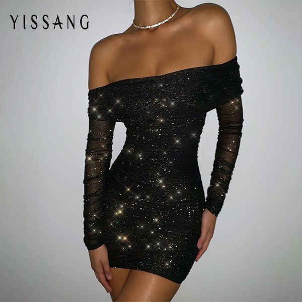 

casual dresses yissang double layer mesh glitter bodycon dress off shoulder long sleeve elegant women ruched autumn party, Black;gray