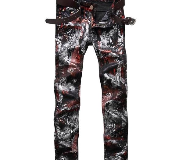 

wholesale- fashion mens floral printed jeans pants slim fit hip hop painted denim joggers man club wear personality jeans trousers straight, Blue