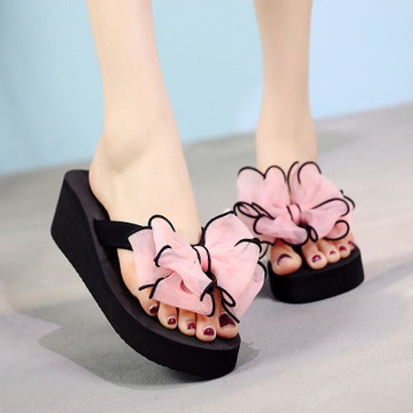 

slippers women 2020 new female sandals summer fashion candy colors butterfly-knot slides high heels 5cm wedge beach shoes female, Black