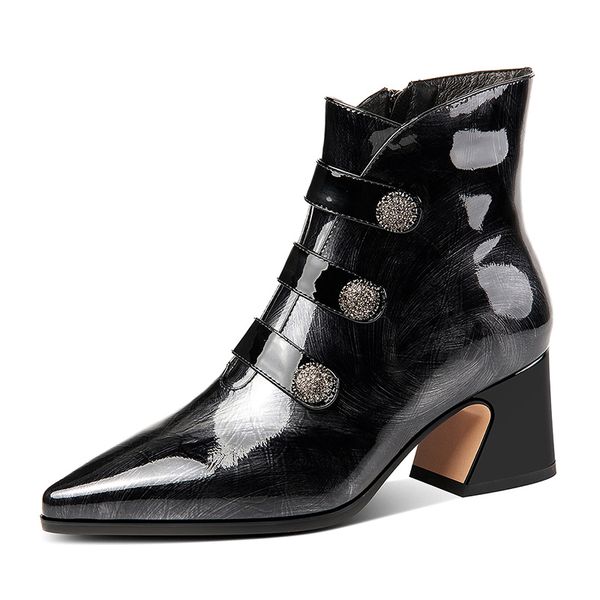 

autumn winter square heels cow leather ankle boots women boots pointed toe zipper ladies shoes, Black
