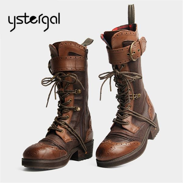 

ystergal retro women mid-calf riding boots genuine leather lace-up motorcycle boots female strap cowboy botas mujer autumn shoes, Black