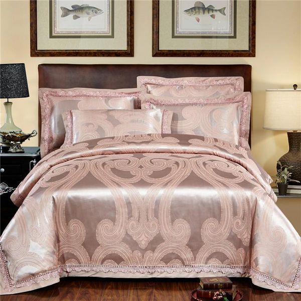 

new silk cotton satin luxury jacquard bedding set hollow lace  king size jpcs duvet cover set bedsheet bed linen pillowcase