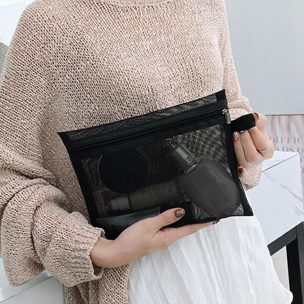 

zipper wash toiletry portable organizer multifunction storage black cosmetic bag fashion women travel transparent mesh makeup