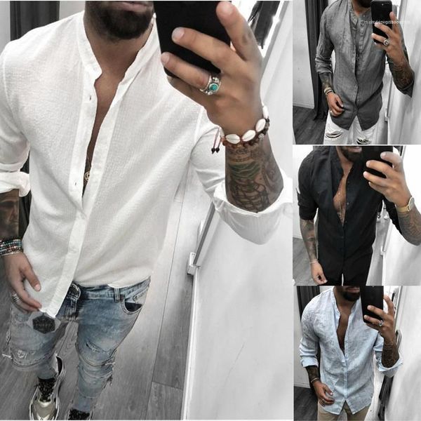 

mens breathable solid color shirt casual long sleeve stand collar fashion slim fit simple designer male shirt, White;black