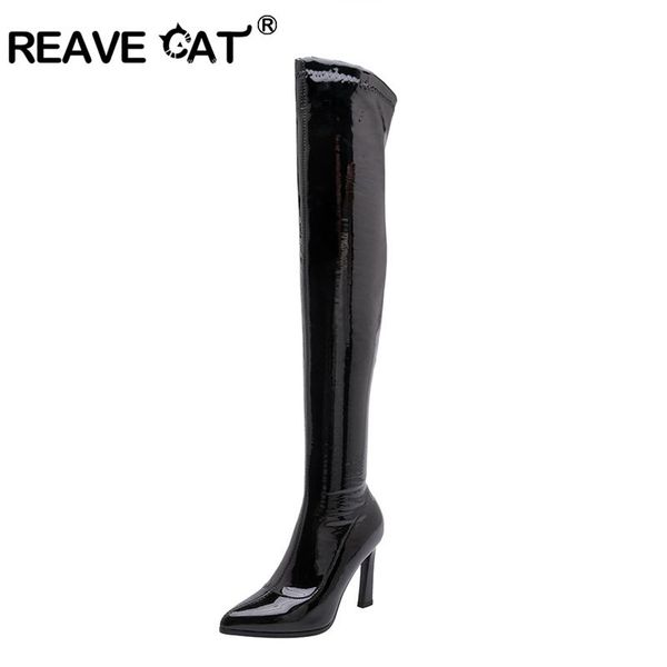 

reave cat woman thigh high boots stretch stiletto high heels over the knee boots patent leather slip on shoes big size 34-43, Black