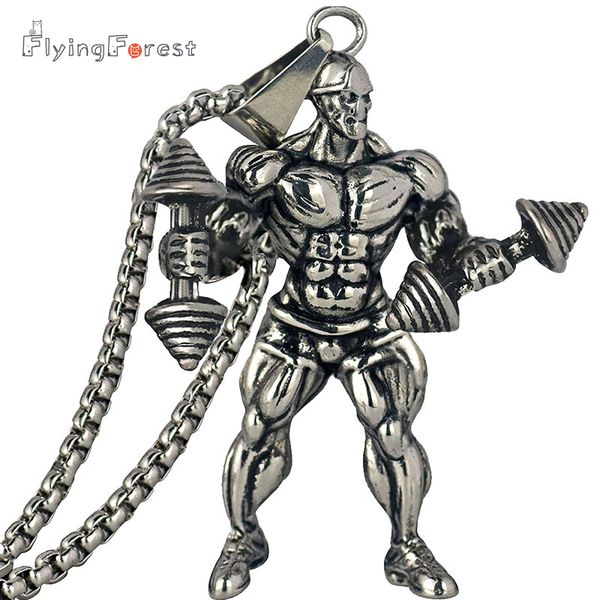 

strong man dumbbell fitness pendant necklace men jewelry between friend fashion necklace men gift hip hop jewelry gym gifts, Silver