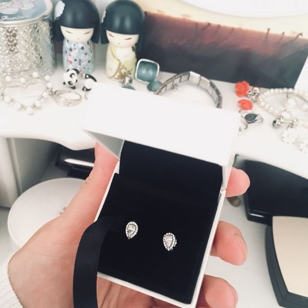 

shiny teardrop cz diamond ring for pandora 925 sterling silver with original box ladies birthday gift earrings, Golden;silver