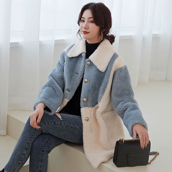 

winter new products fleece coat women's lapel colorblock knit cardiga wool coat long-haired frseucag brand women, Black