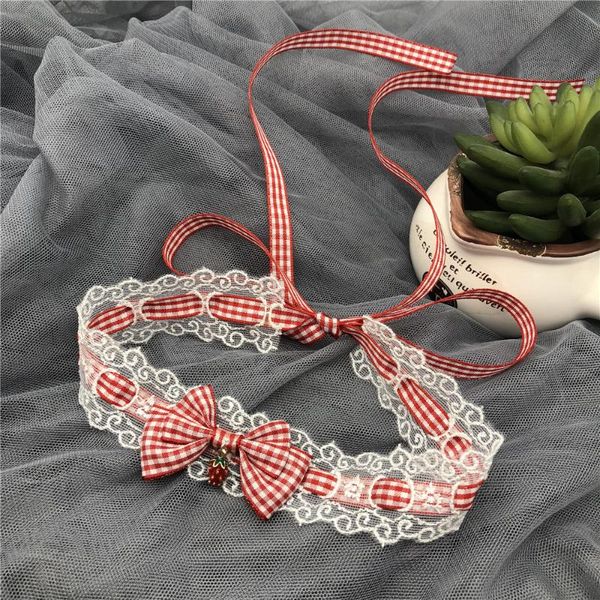 

lolita lace strawberry necklace plaid bow necklace, Golden;silver