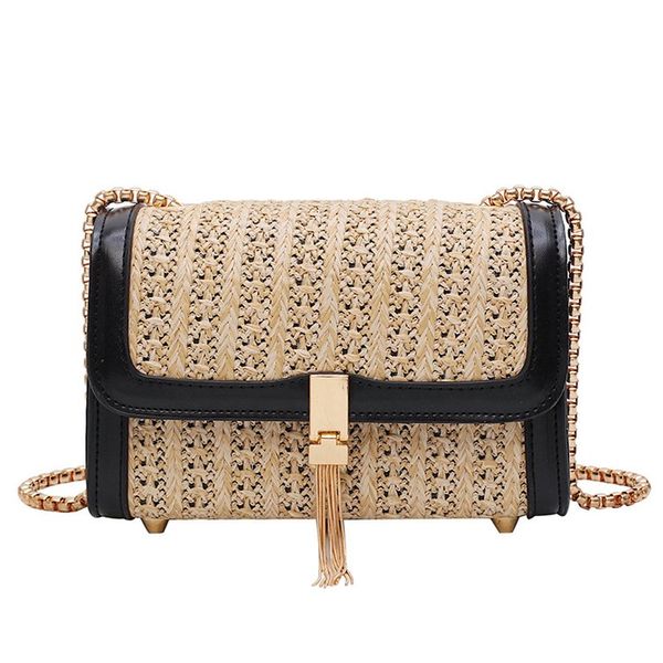 

fashion casual woman straw crossbody bag ladies small shoulder tassel summer beach bag flap leather rattan for women purse