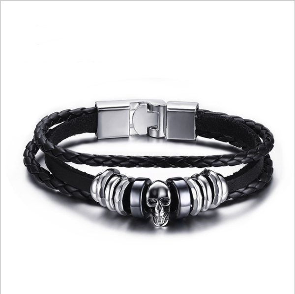 

european and american style cross-border e-commerce jewelry punk ghost head bracelet alloy pu leather bracelet tide male bracele, Black