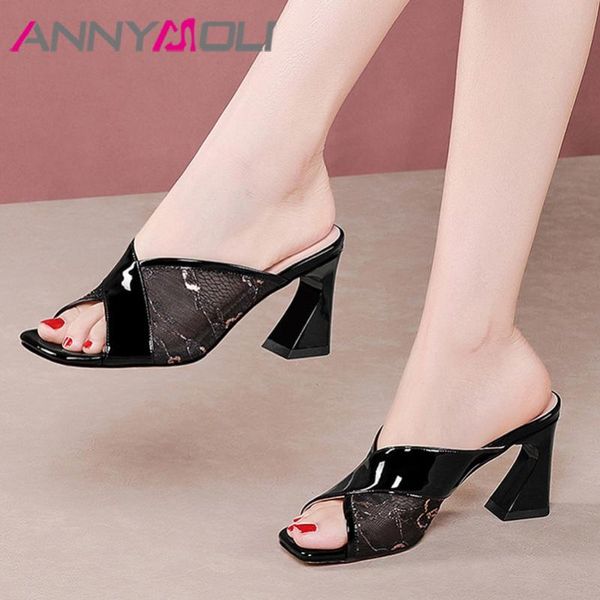 

annymoli shoes women cutouts real leather high heels slippers square toe strange style female slides ladies sandals summer white, Black