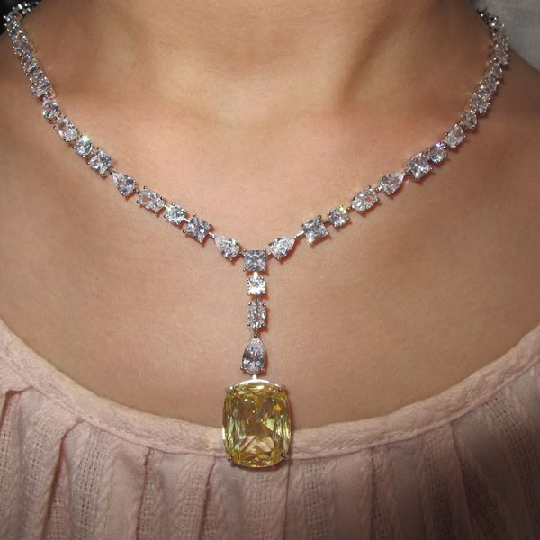 

luxury 925 sterling silver created czdiamond yellow citrinie stone pendants necklaces white gold plated party jewelry for women