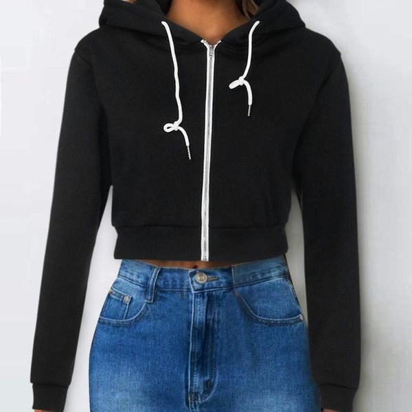 

women fashion hooded sweatshirt short cropped pullovers ladies casual black white long sleeve zipper pocket hoodies #t1g, Black;brown