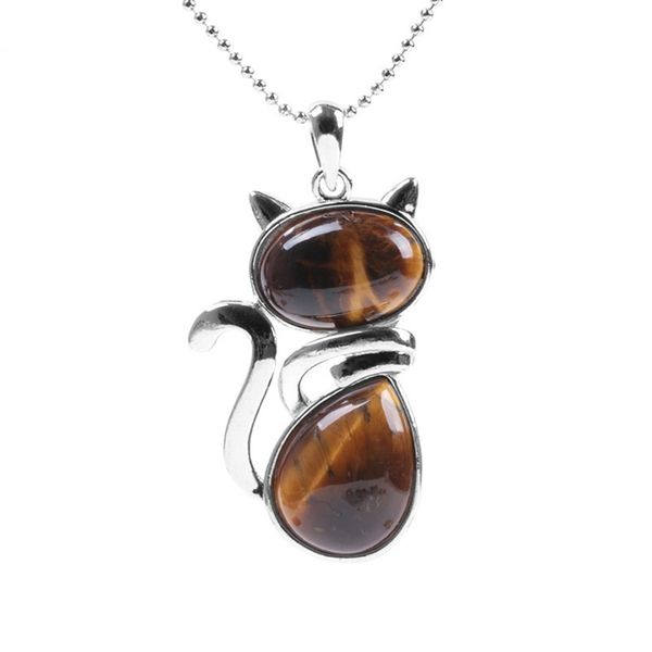 

10 pcs silver plated lovely cat shape tiger eye stone pendant link chain necklace red agate jewelry