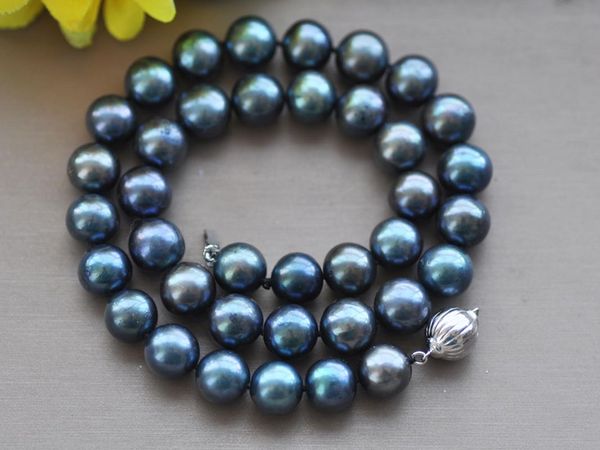 

z10461 17"~33" 12mm peacock-black round freshwater pearl necklace 925sc, Silver