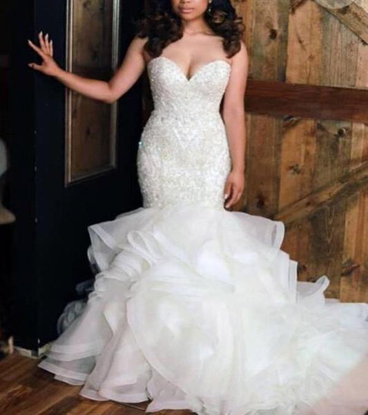 

african sweetheart organza mermaid wedding dresses bead stones layered ruffles plus size wedding bridal gowns robe de mariée, White