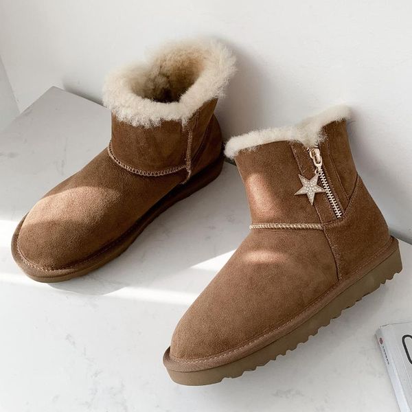 

women's genuine leather wool flats snow boots zip decoration female winter cold weather fashion short ankle boots shoes women, Black