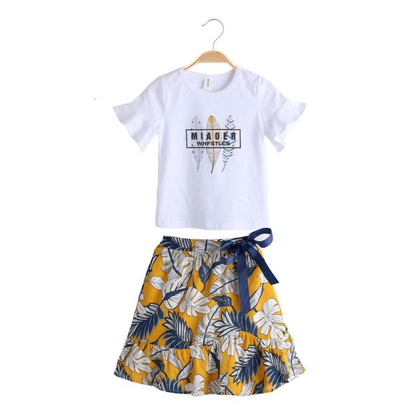 

2020 teenage girls clothes fashion kids flare sleeve t-shirt skirt 2pcs set for girls summer bohemian clothes children outfits, White