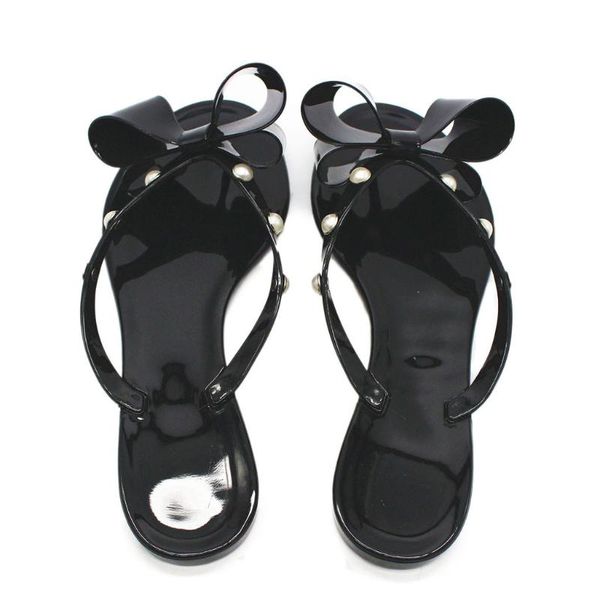 

summer bow flip flops women slippers breathable beach sandals women flat slippers casual rain jelly shoes, Black