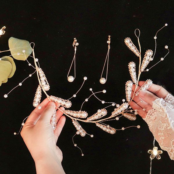 

super fairy handmade pearls crystal hairband earrings jewelry set women girls daily headwear bridal wedding hair jewelry, Silver