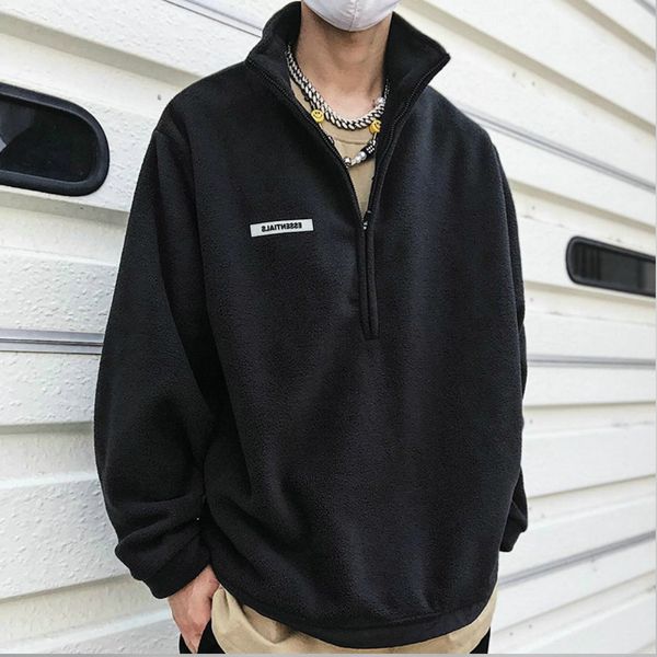 

grey fleece sweater zipped stand collar pullover streetwear 4colors, Black