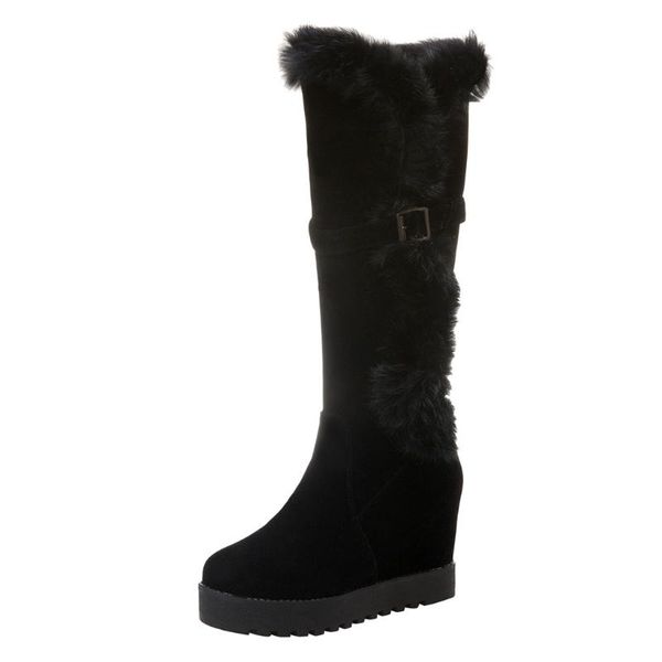 

women's leisure wedges increase shoes round-toe keep warm fur plush non-slip boots shoe for ladies long tube suede snow boots, Black
