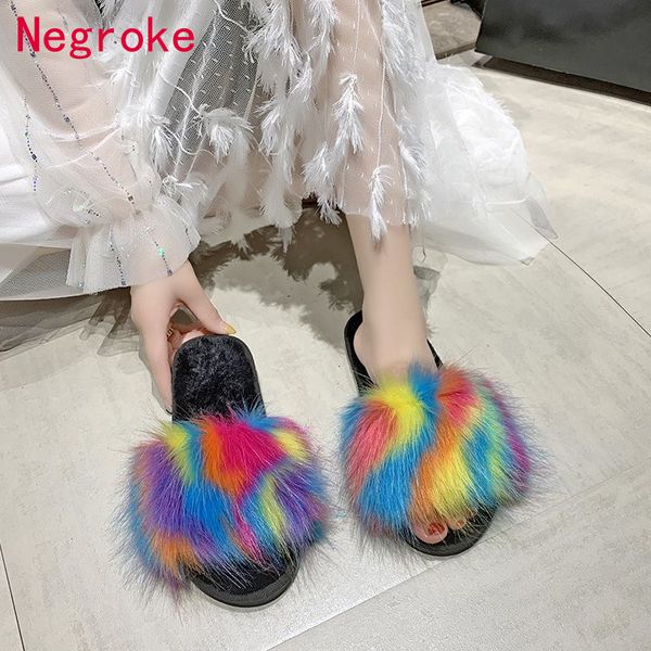 

multicolor fur slippers women artificial fur slides home furry flat sandals female cute fluffy house shoes woman floor slippers, Black