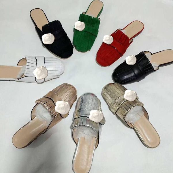 

classic leather slippers one-word slippers flat-soled half-slippers fringed metal buckled sandals designer ladies shoes large size us11 42, Black
