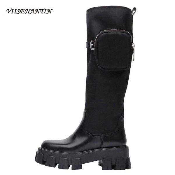 

genuine leather buckle pocket long tube motorcycle boots knee-high round toe spring and autumn women casual handmade shoes, Black