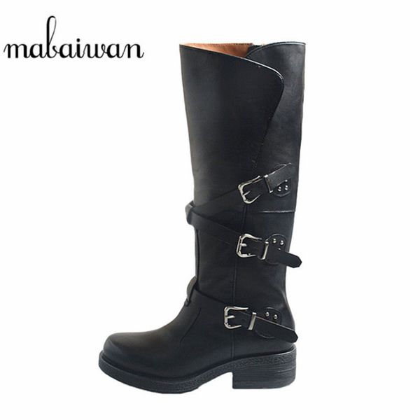 

fashion genuine leater autumn winter knee high boots women motorcycle buckle round toe high shoes knight zipper long boots, Black