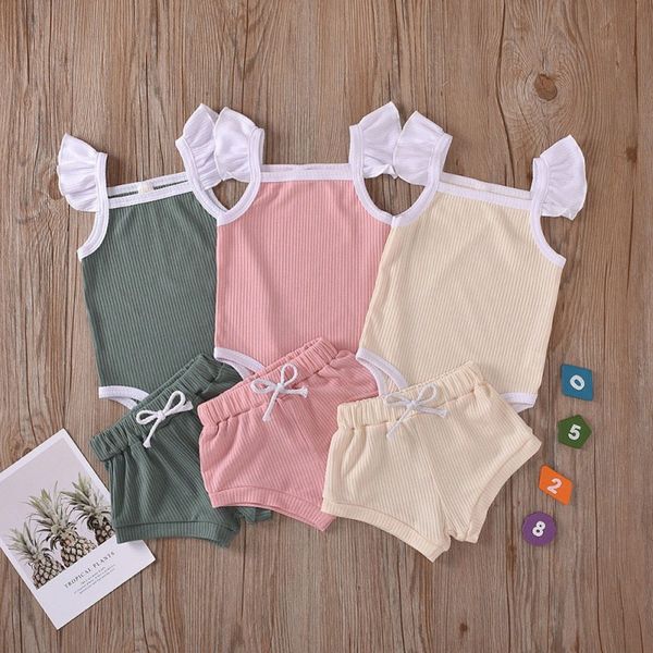 

2pcs/set summer baby clothing cotton infant girls casual flare sleeve solid print romper +shorts costume outfit set, White