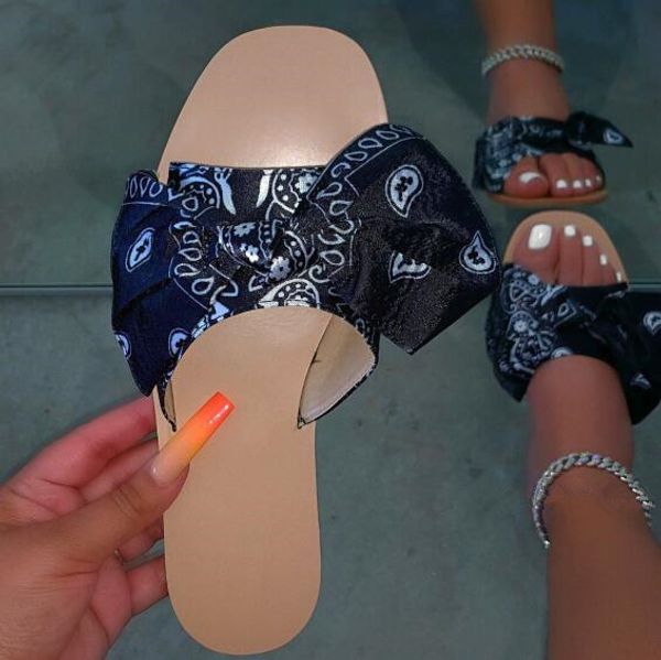 

2020 autumn new sandals female flat head graffiti print single layer comfortable wild ethnic bow slippers wholesale, Black