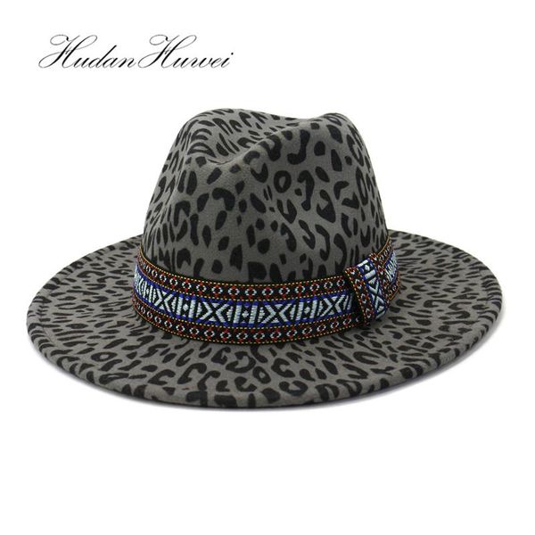 

sell leopard print jazz panama wollen fedora hat flat wide brim women men cotton hat caps, Blue;gray