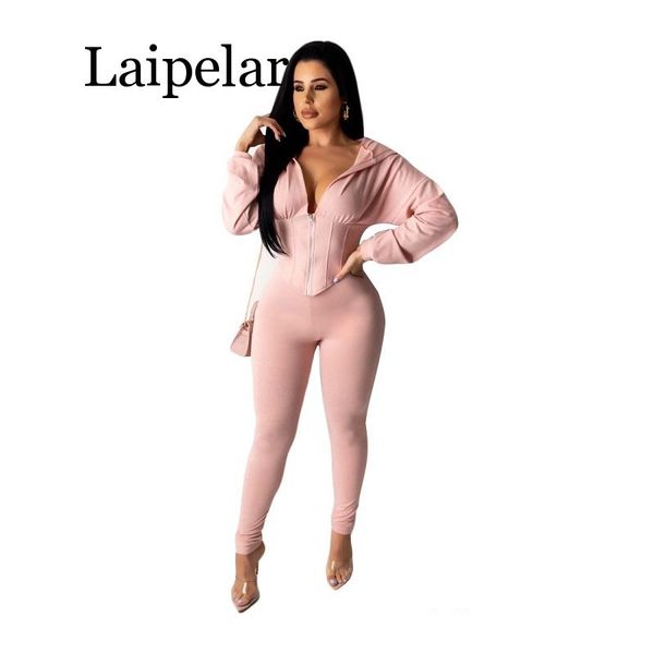 

2020 4 colors women two piece causal tracksuit zip up short hoodies and skinny long pants set solid chic suits streetwear, Gray