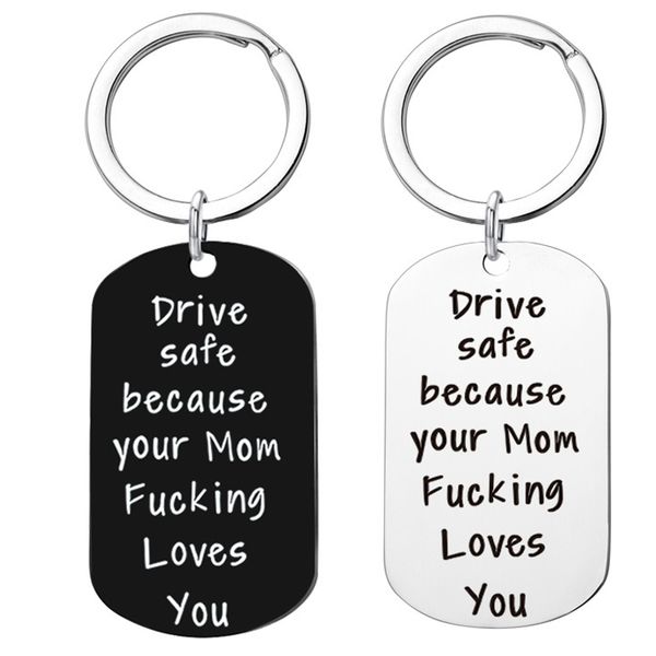 

engraved drive safe mom love you keychain for son daughter square dog tag pendant necklace personality custom keychain fun gifts, Silver