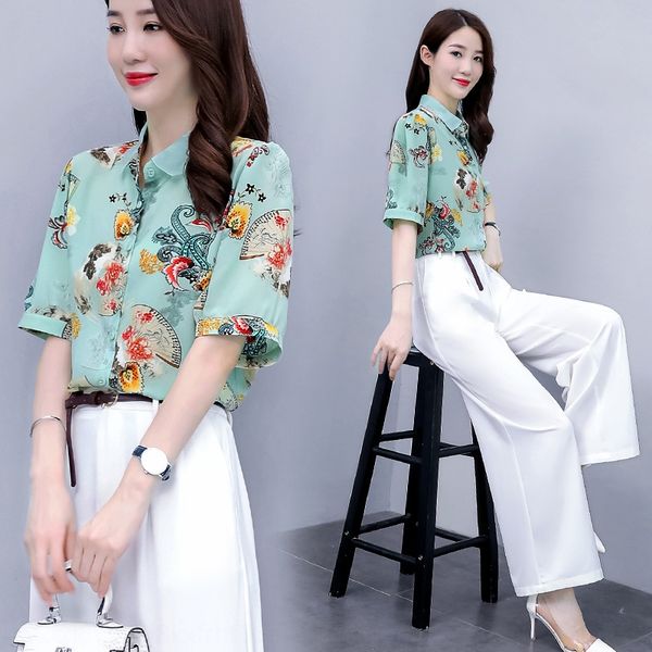 

women's 2020 new fashion season wide pantsshirt wide leg pantskorean style short-sleeved summer chiffon shirt wide-leg pants two-piece, Gray