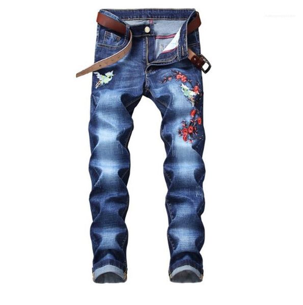 

casual zipper fly stress style male trousers embroidery printed stretch mens jeans slim mens straight pants, Blue