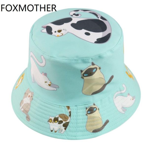 

side for cat women caps bucket bob sun new gifts ladies foxmother fisherman animal mother panama print chapeau double cute hats hutjn, Black;white