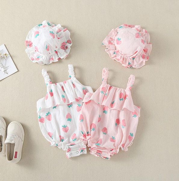

2020 summer newborn infant baby girls clothes straps strawberry print romper sunsuit hat bodysuit romper baby babykleding, White