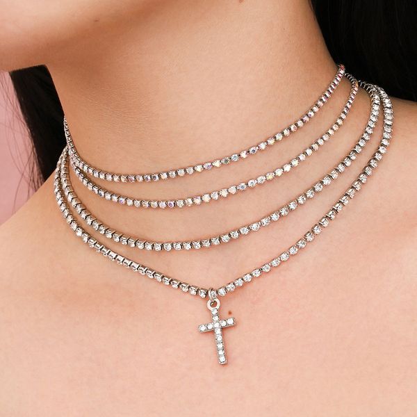 

chokers luxury multilayer rhinestone choker necklace women silver color cross pendant femme jewelry, Golden;silver