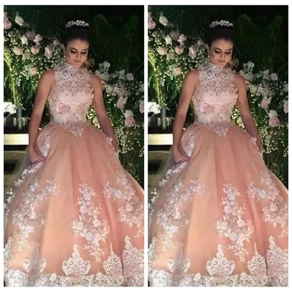 

2019 High Neck Lace Appliques A-Line Junior Quinceanera Dresses Beaded Sleeveless Lace Up Back Vestidos De Quinceanera Prom Party Gowns