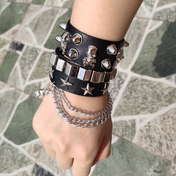 

skull bracelet punk harajuku wristband tassel black pu leather star pattern choker bar goth can be adjusted skeleton jewelry, Golden;silver
