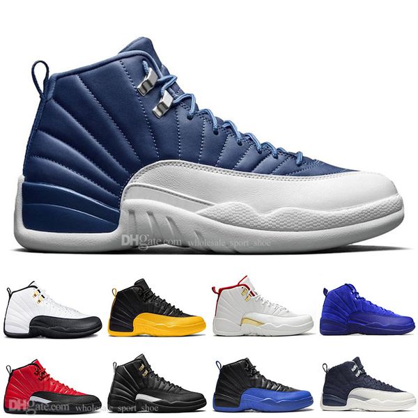 

new 12 stone blue university gold reverse flu game dark concord wntr basketball shoes 12s game ball black nylon men sports sneakers trainers