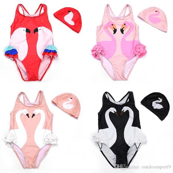 

s-4xl 4colors swan flamingo girls swimwear cute kids swimsuit with swimming cap baby girl bathing suit one piece swim wear for children