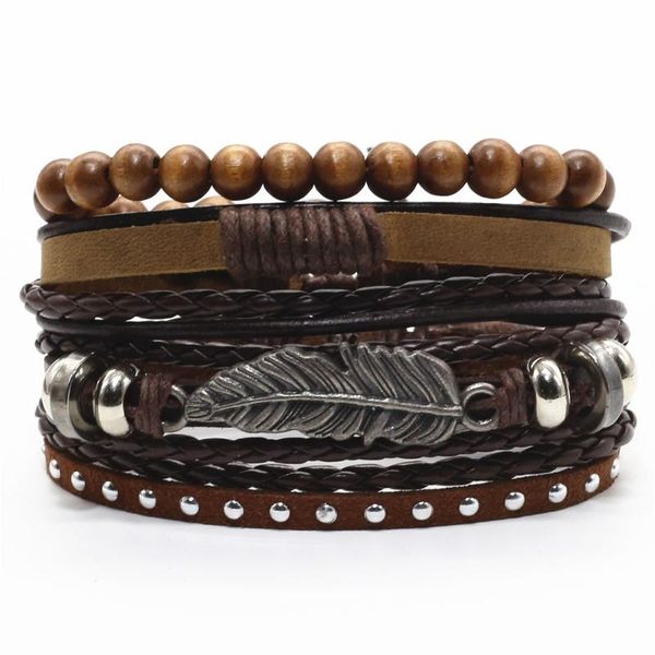 

new 4pcs/set vintage feather guitar cross charm black brown beads leather men bracelets for women homme femme male jewelry, Red;blue