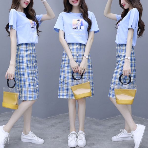 

2019 summer new korean-style printed t-shirt + plaid slim-fit two-piece set internet slim skirt t-shirt slim skirt red foreign style suit fo, Gray